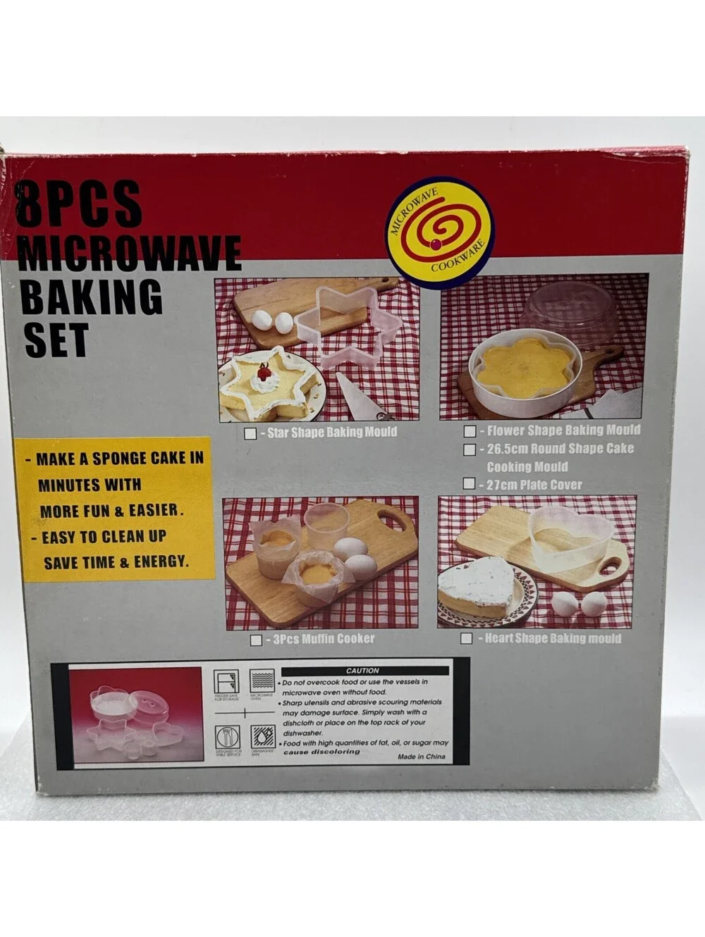1980s Microwave 8pc Baking Set Cakes, Eggs, Hearts, Stars Spongecake In Minutes